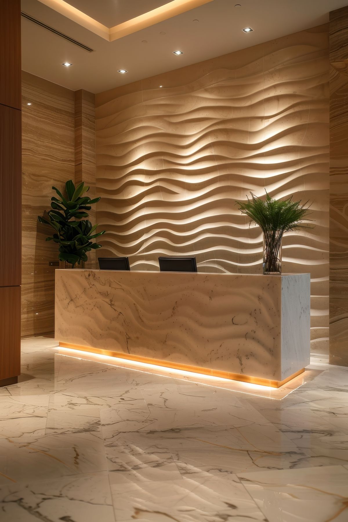 High-Impact Reception Desk with Acoustic Wood Slats & Planter Borders #23
